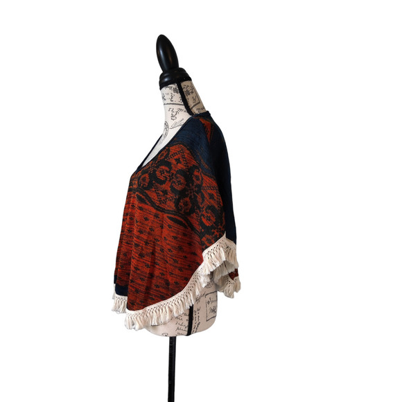 Vintage Havana Fringed Poncho Cape V-Neck Boho One Size Orange Blue - Picture 6 of 11